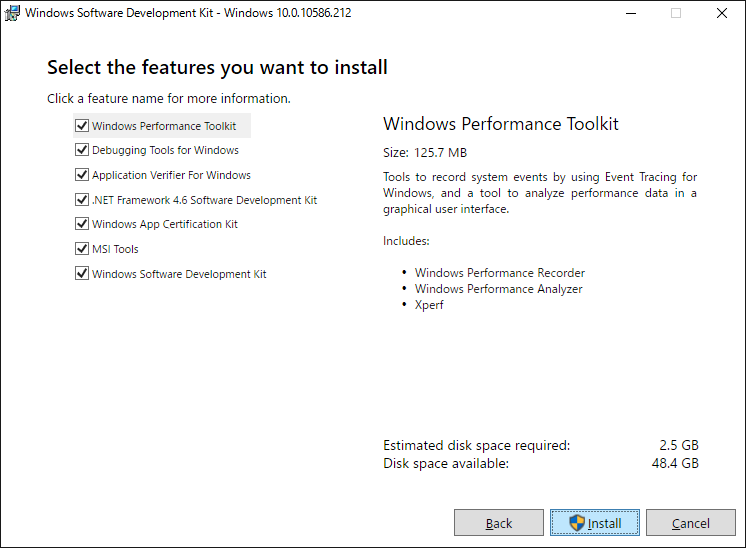 「Debugging Tools for Windows インストール」-「Select the features you want to install」