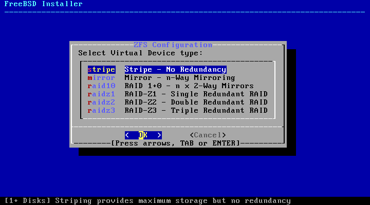 「FreeBSD 14.4 RELEASE」-「ZFS Configuration」「Device Type」