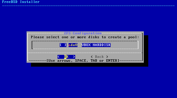 「FreeBSD 14.4 RELEASE」-「ZFS Configuration」「ディスク選択」