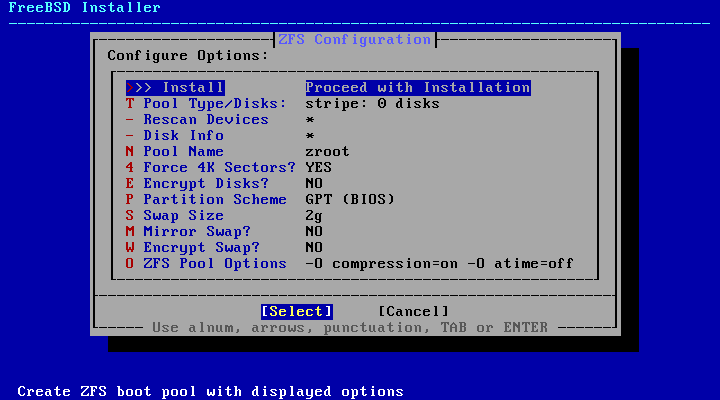「FreeBSD 15.0 RELEASE」-「ZFS Configuration」「Configure Options」