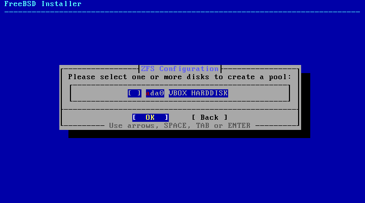 「FreeBSD 15.0 RELEASE」-「ZFS Configuration」「Please Select ...」