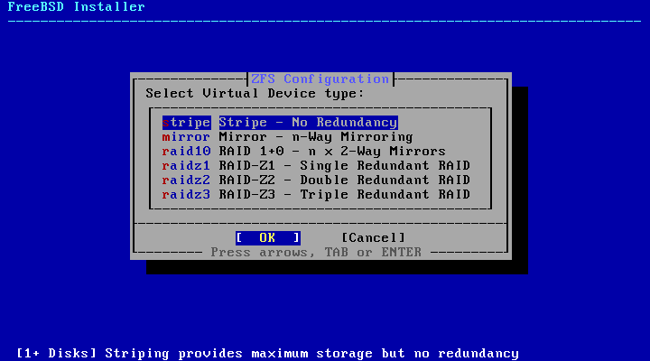 「FreeBSD 15.1 RELEASE」-「ZFS Configuration」「Select Virtual Device type」