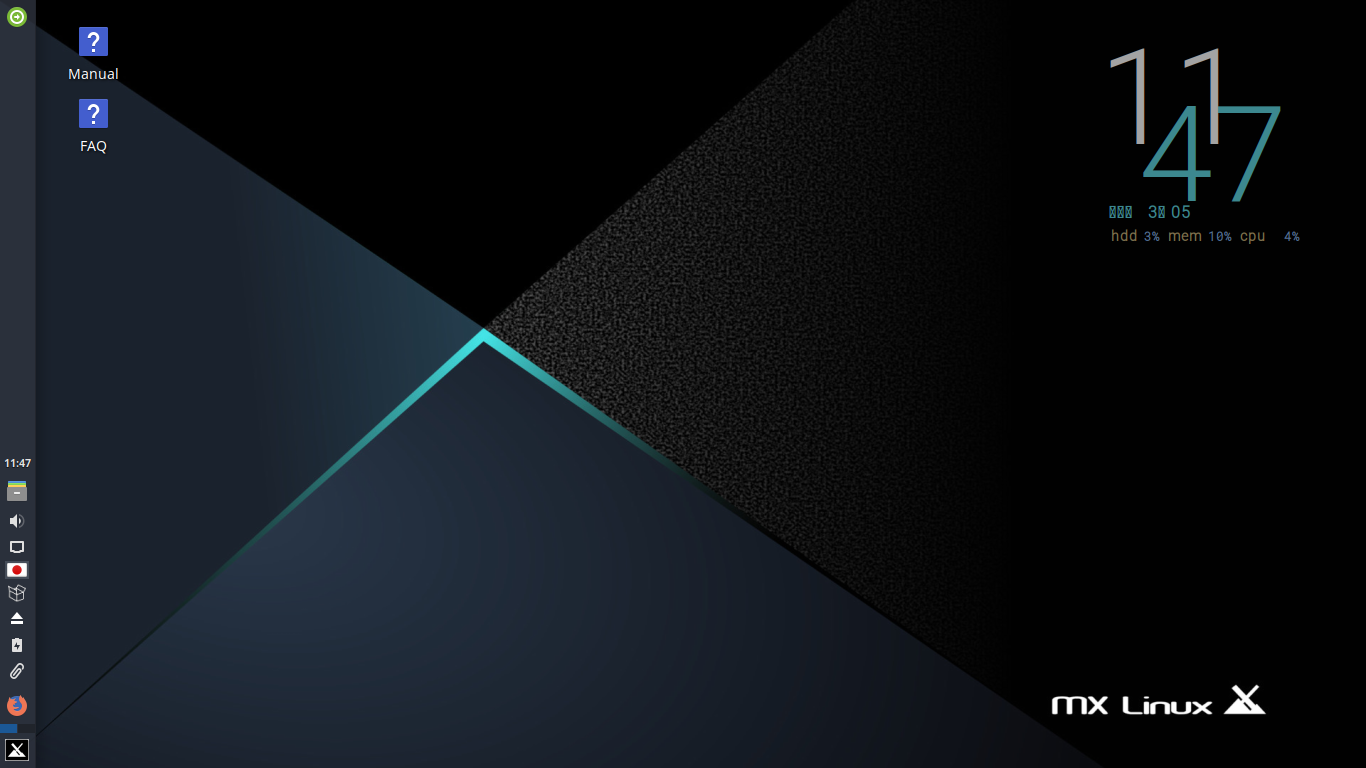 「XFCE 共通事項」-「MX Linux 19.1」「ほぼデフォルトのパネル」