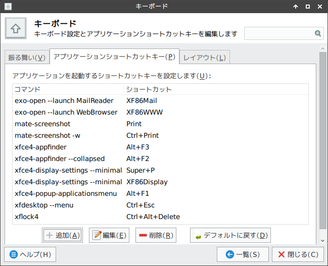 「XFCE 共通事項」-「キーボード」「アプリケーションショートカットキー」タブ「カスタマイズ後」