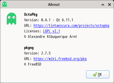 「XFCE FreeBSD 14.5」-「OctoPkg」「バージョン情報」