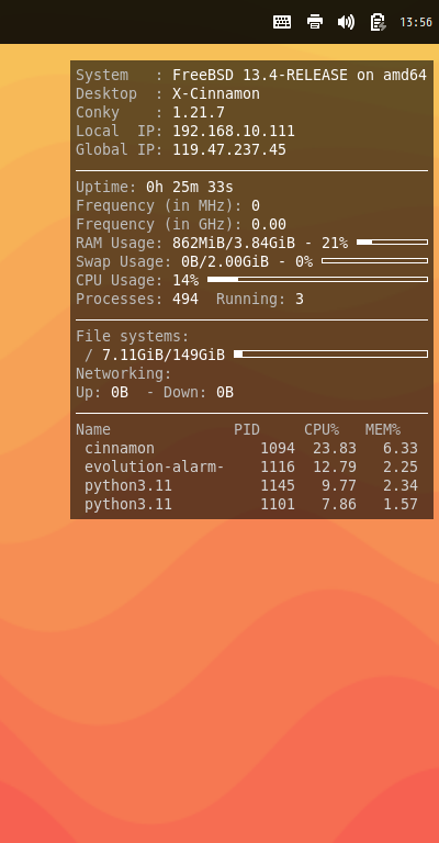 クリックでオリジナルのサイズで開きます 「Cinnamon FreeBSD 13.4」-「Conky」「表示」
