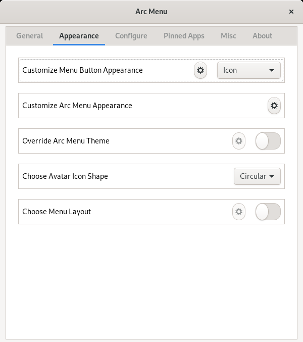 「GNOME」-「Arc Menu」「Appearance」
