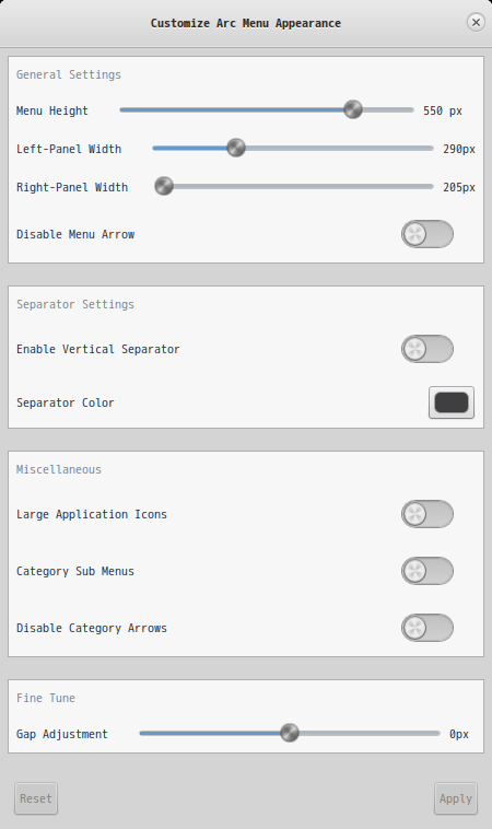 「GNOME」-「Arc Menu」「Customize Arc Menu Appearance」