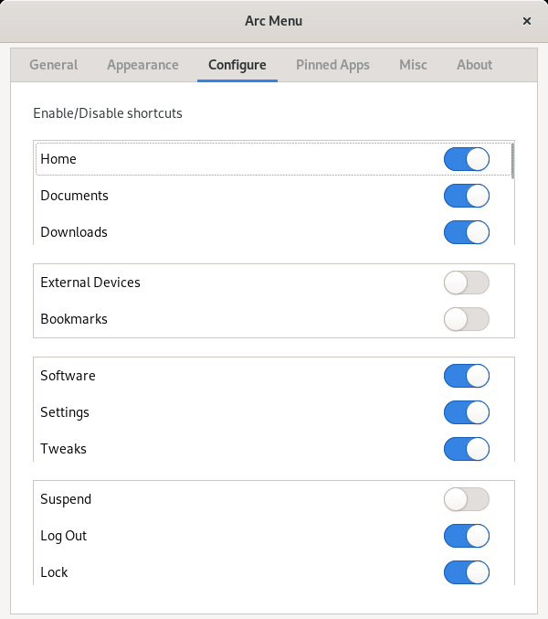 「GNOME」-「Arc Menu」「Configure」