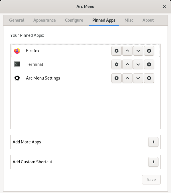 「GNOME」-「Arc Menu」「Pinned App」