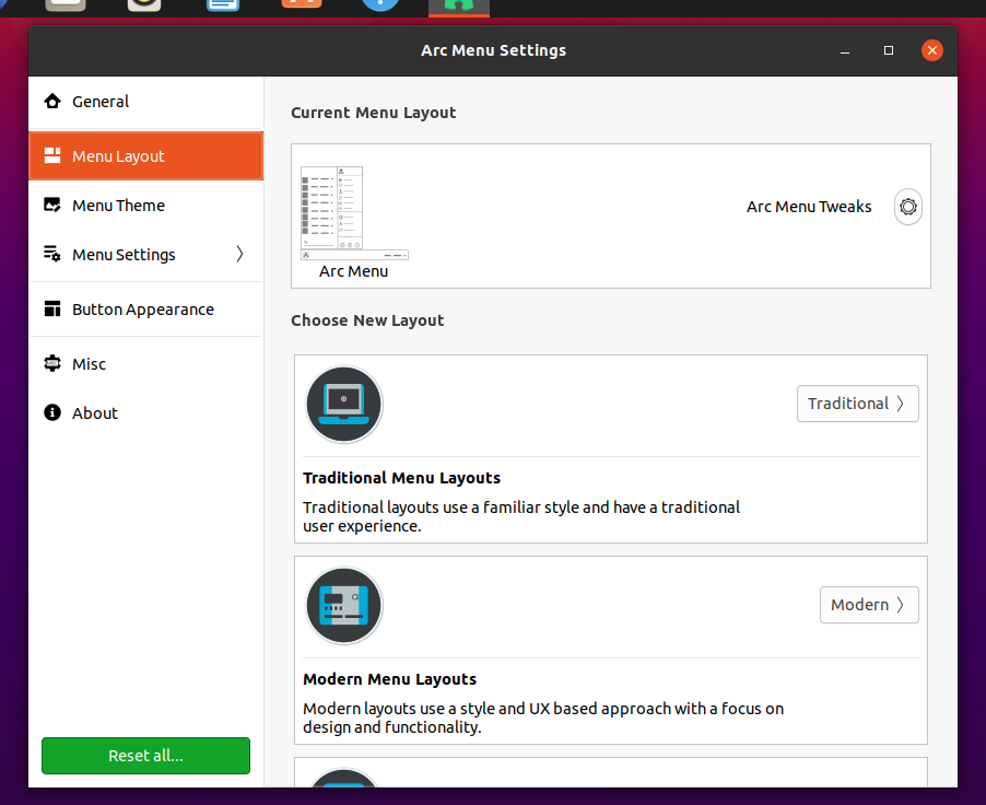 「GNOME」-「Arc Menu」「Menu Layout」