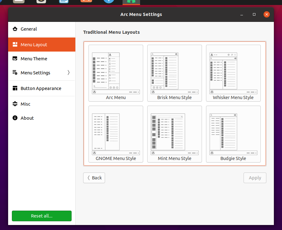 「GNOME」-「Arc Menu」「Menu Layout」「Traditional」