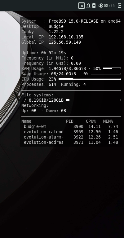 「BUDGIE FreeBSD 15.0」-「Conky」「表示」