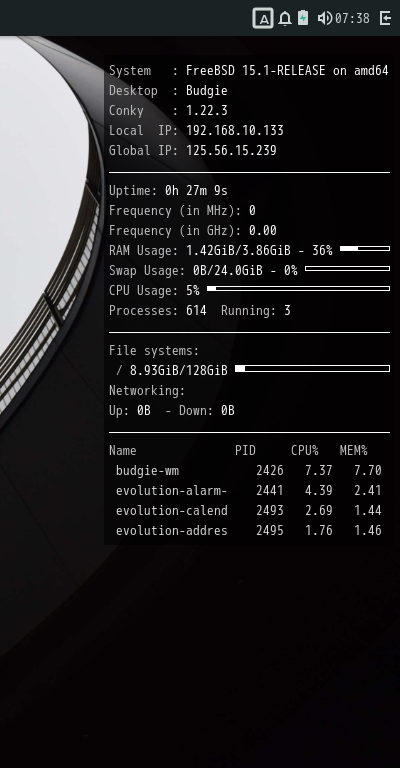 「BUDGIE FreeBSD 15.1」-「Conky」「表示」