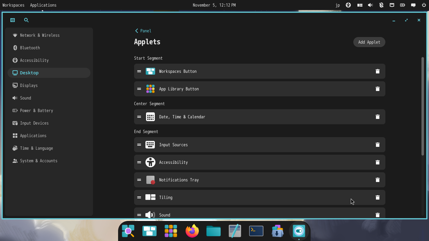 「COSMIC」-「COSMIC settings」「Applets」