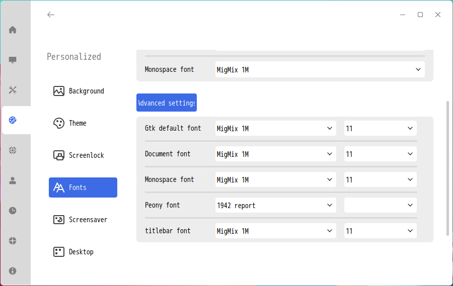 「Ubuntu Kylin 20.04」-「設定」「Parsonalized」「Fonts」