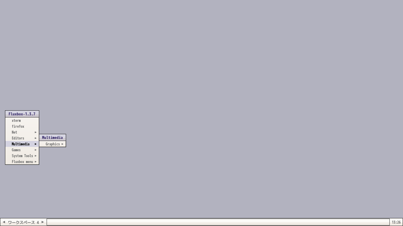 クリックでオリジナルのサイズで開きます 「Fluxbox FreeBSD 13.4」-「デフォルトのデスクトップ・メニュー」