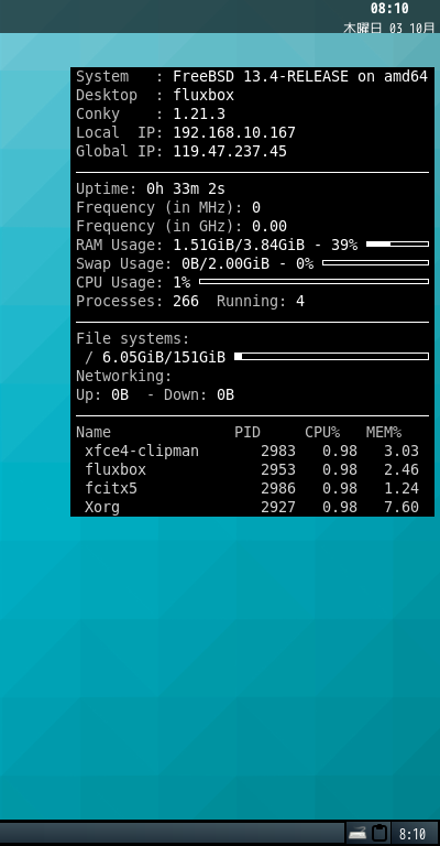 クリックでオリジナルのサイズで開きます 「Fluxbox FreeBSD 13.4」-「Conky」「表示」