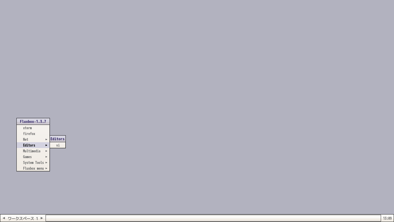 クリックでオリジナルのサイズで開きます 「Fluxbox FreeBSD 13.5」-「デフォルトのデスクトップ・メニュー」