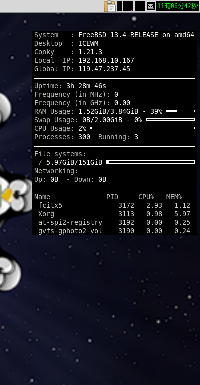 クリックでオリジナルのサイズで開きます 「IceWM FreeBSD 13.4」-「Conky」「表示」
