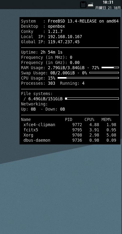 クリックでオリジナルのサイズで開きます 「Openbox FreeBSD 13.4」-「Conky」「表示」