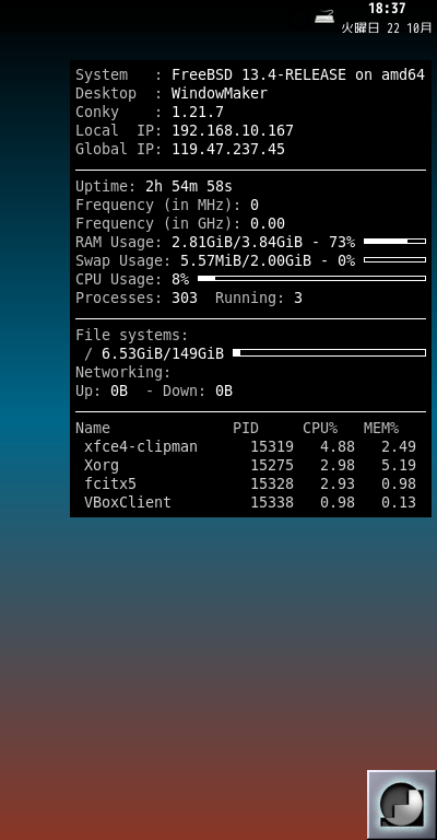 クリックでオリジナルのサイズで開きます 「Window Maker FreeBSD 13.4」-「Conky」「表示」