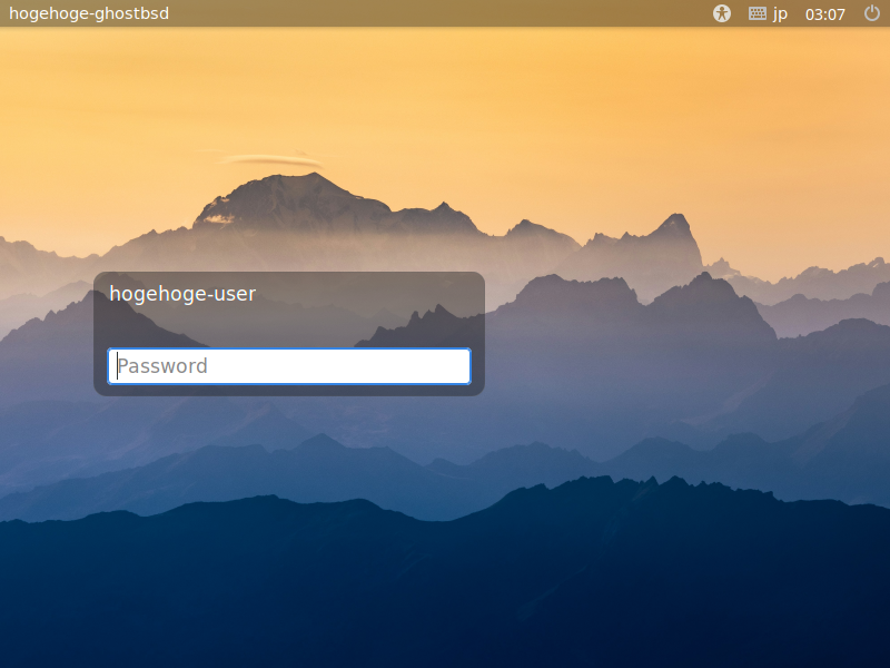 「GhostBSD 24.04.1 MATE」-「ログイン画面」