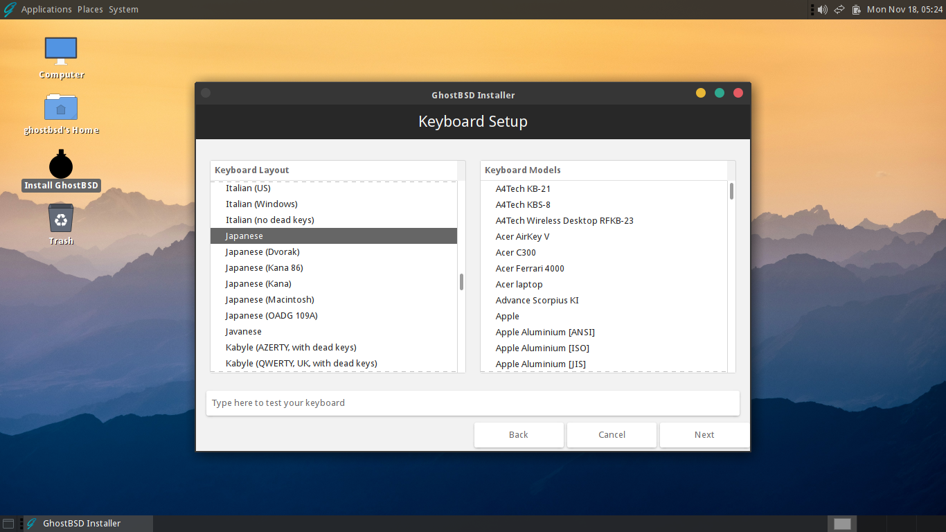 「GhostBSD 24.10.1」-「インストール」「キーボード」