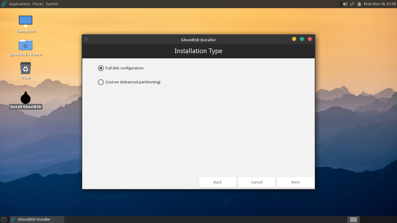 「GhostBSD 24.10.1」-「インストール」「インストールタイプ」