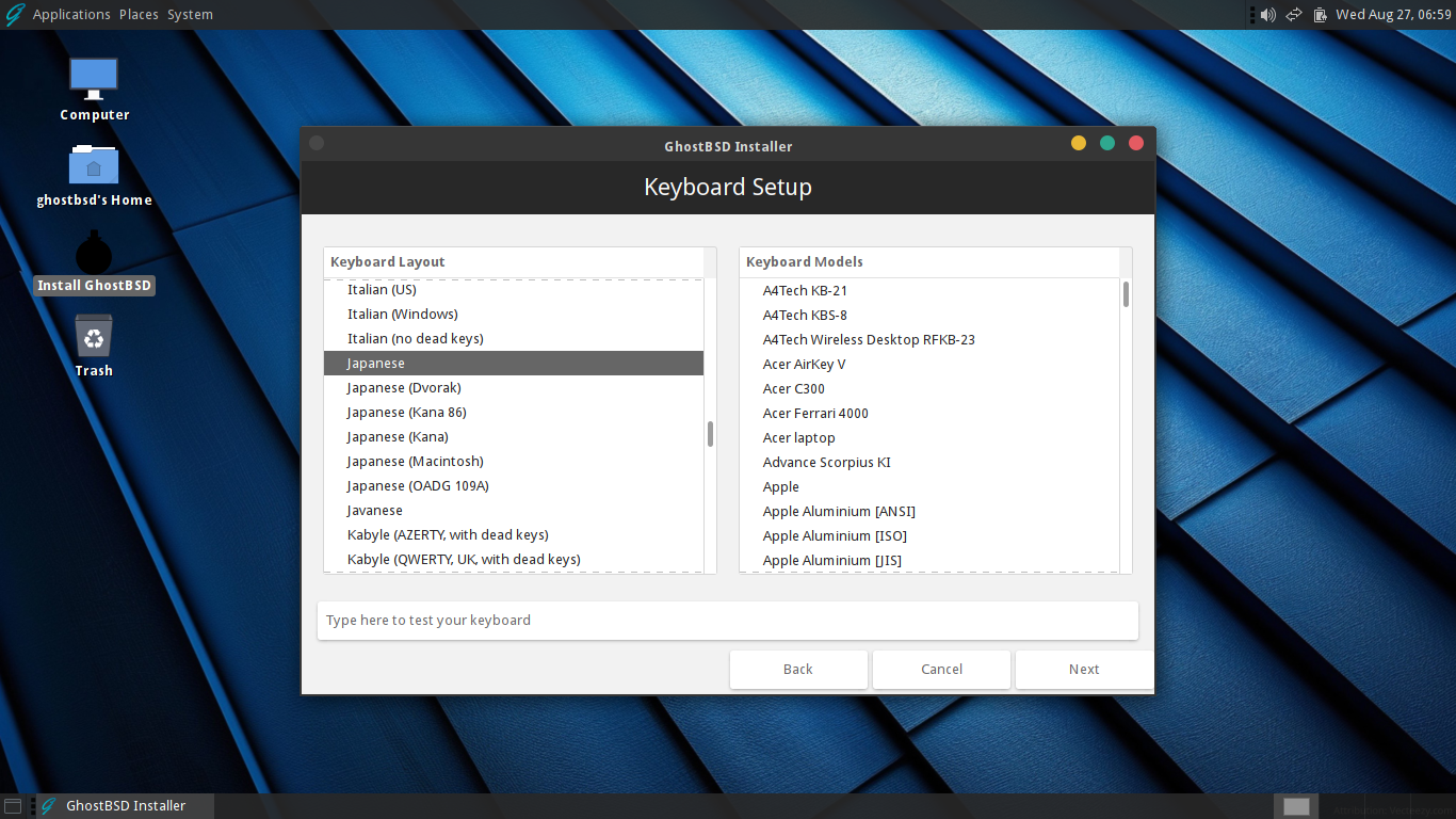 「GhostBSD 25.02」-「インストール」「キーボード」
