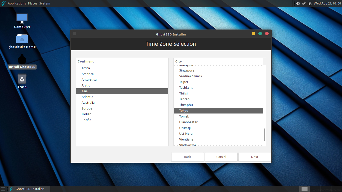「GhostBSD 25.02」-「インストール」「タイムゾーン」