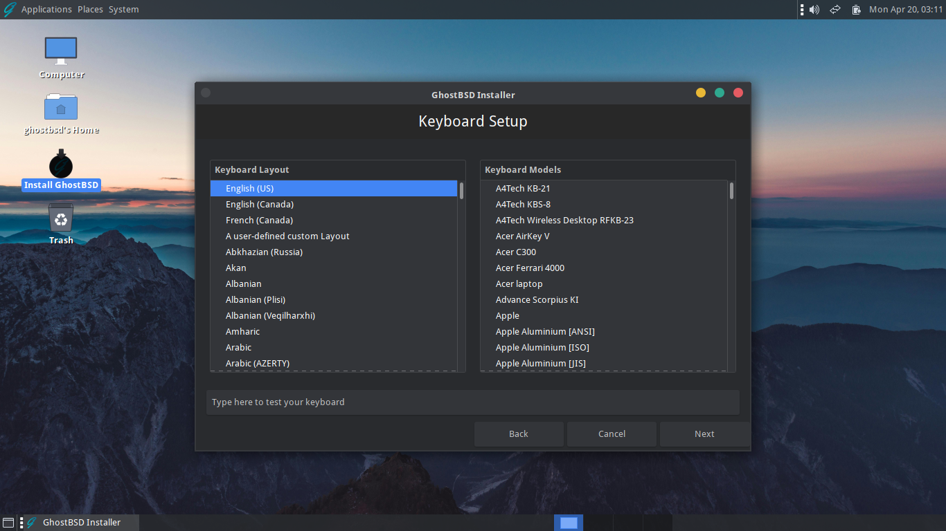 「GhostBSD 26.01」-「インストール」「キーボード」