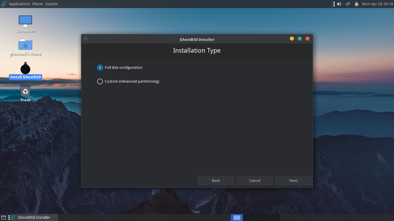 「GhostBSD 26.01」-「インストール」「インストールタイプ」
