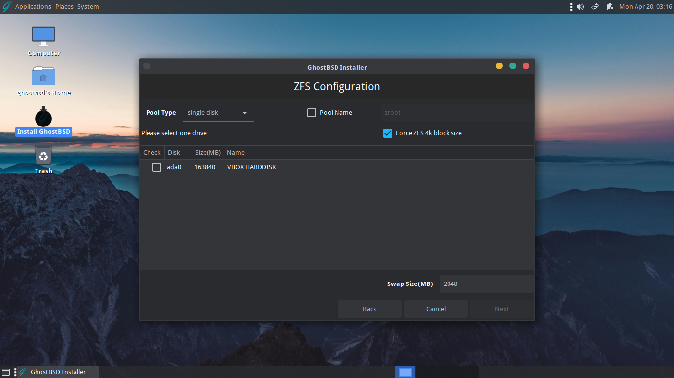 「GhostBSD 26.01」-「インストール」「ZFS Configuration」