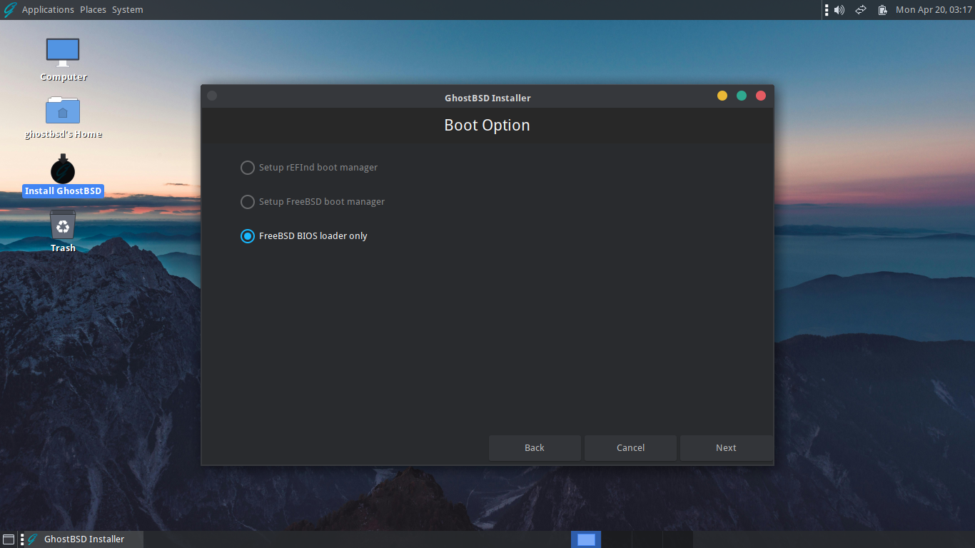 「GhostBSD 26.01」-「インストール」「Boot Option」