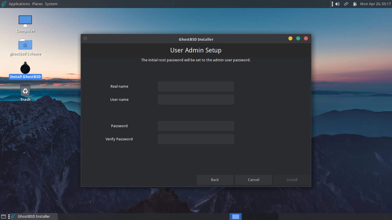 「GhostBSD 26.01」-「インストール」「ユーザ情報」