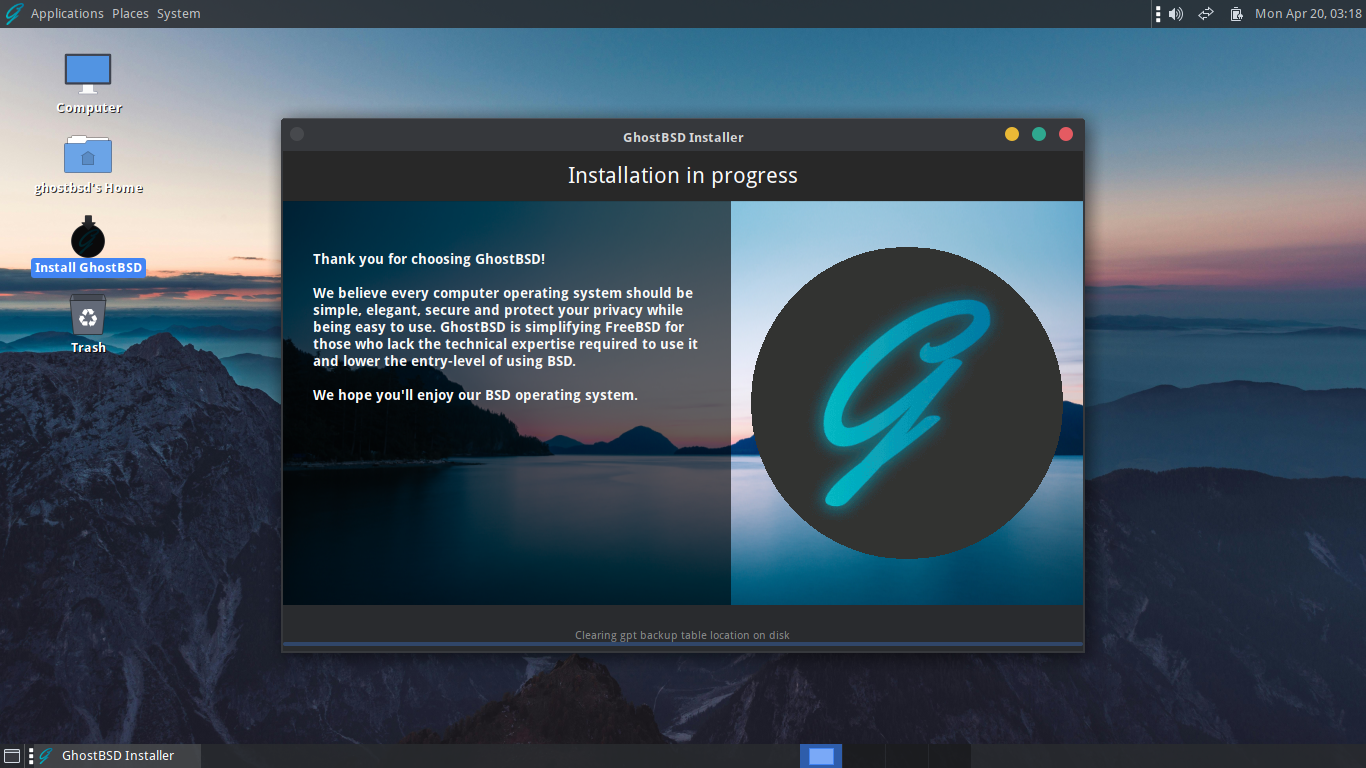 「GhostBSD 26.01」-「インストール」「進行中」