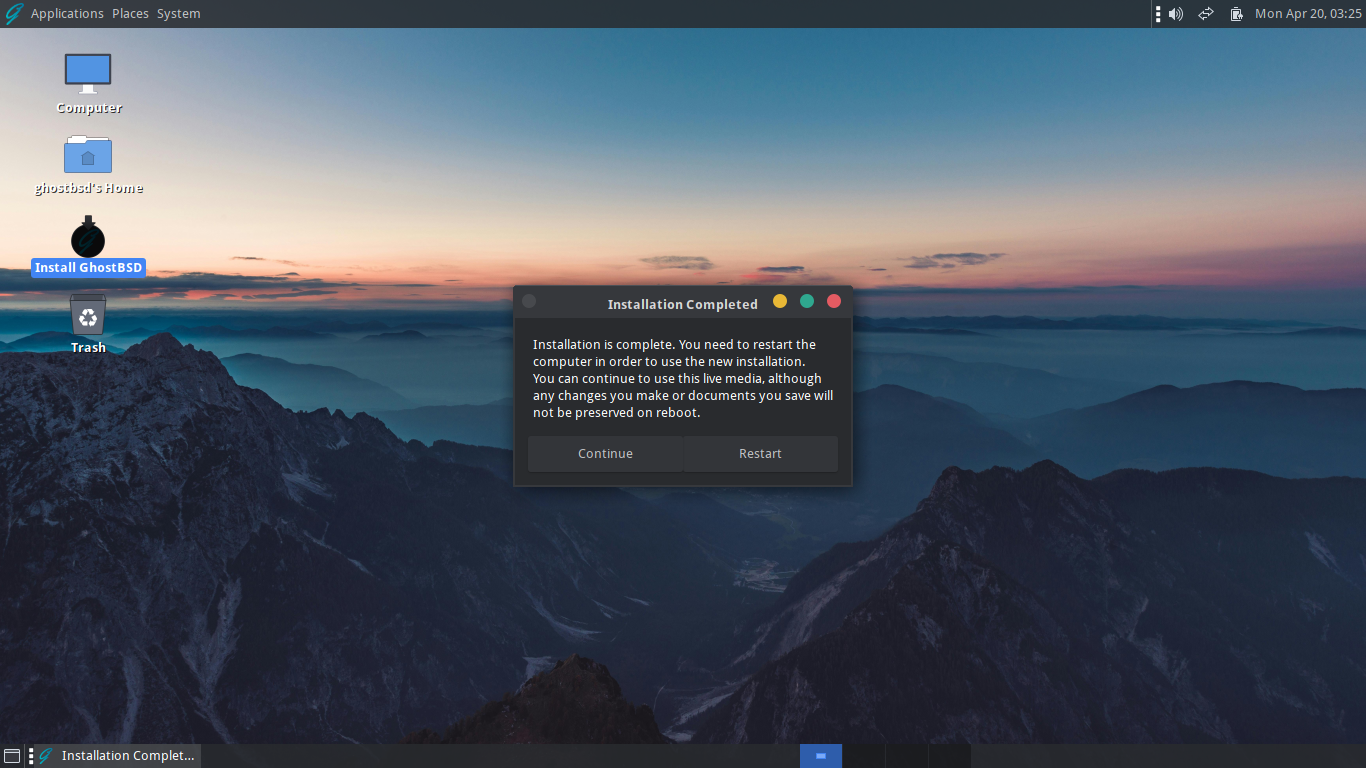 「GhostBSD 26.01」-「Installation Comleted」