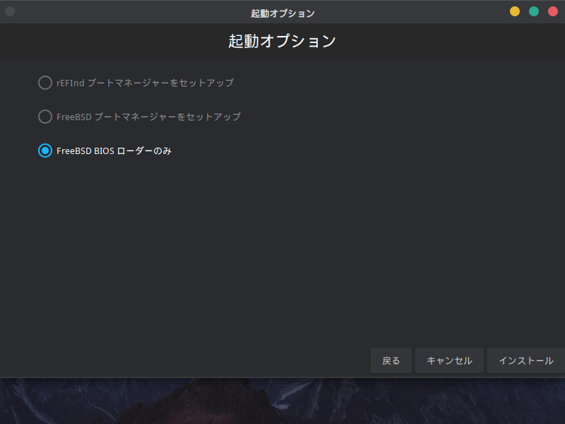 「GhostBSD 26.02」-「インストール」「起動オプション」