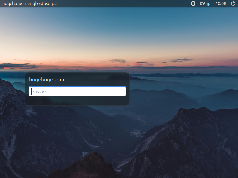 「GhostBSD 26.02」-「ログイン画面」