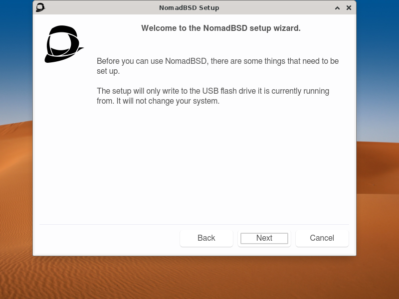 「NomadBSD 141R」-「Welcome to the NomadBSD setup wizard」