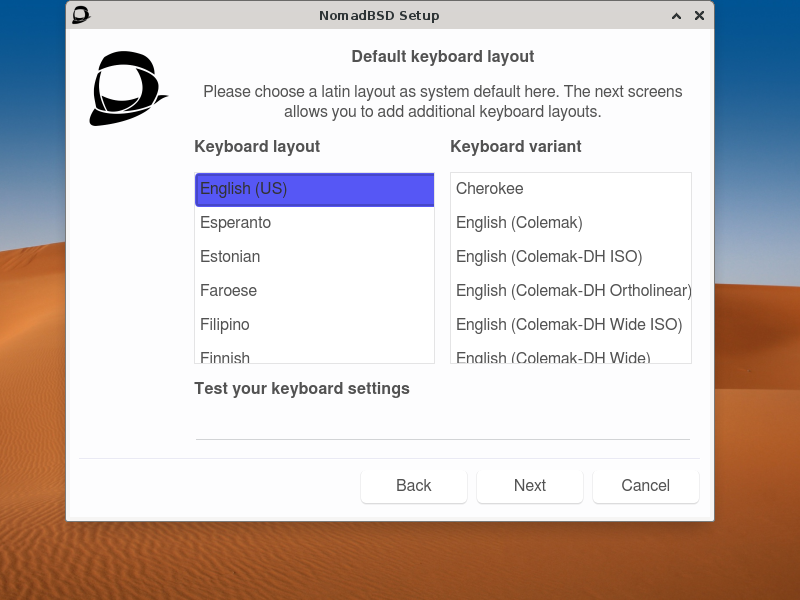 「NomadBSD 141R」-「Default keyboard layout」