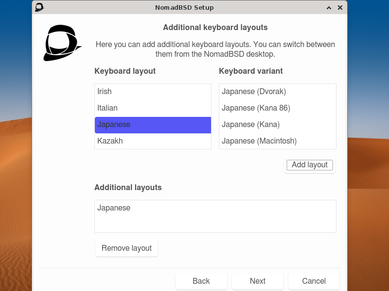 「NomadBSD 141R」-「Additional keyboard layouts」