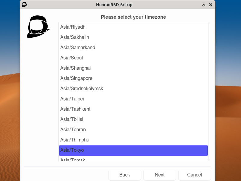 「NomadBSD 141R」-「Please select your time zone」