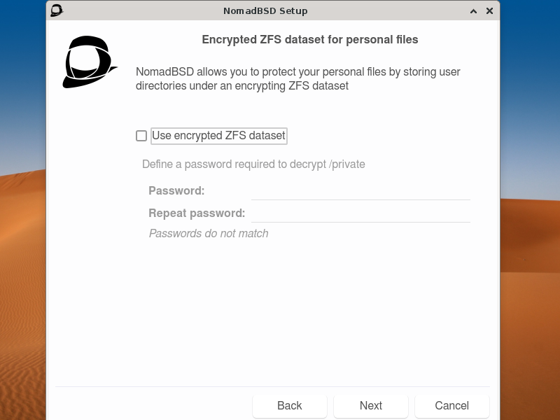 「NomadBSD 141R」-「Geli encrypted /home」