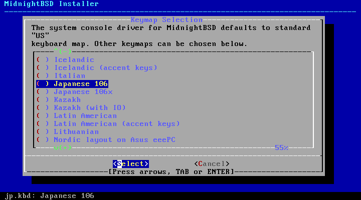 「MidnightBSD 3.0.0」-「キーボード」