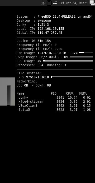 クリックでオリジナルのサイズで開きます 「awesome FreeBSD 13.4」-「Conky」「表示」