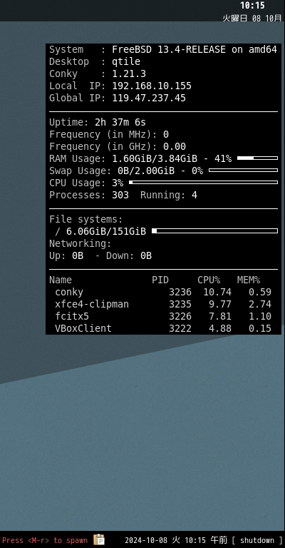 クリックでオリジナルのサイズで開きます 「qtile FreeBSD 13.4」-「Conky」「表示」