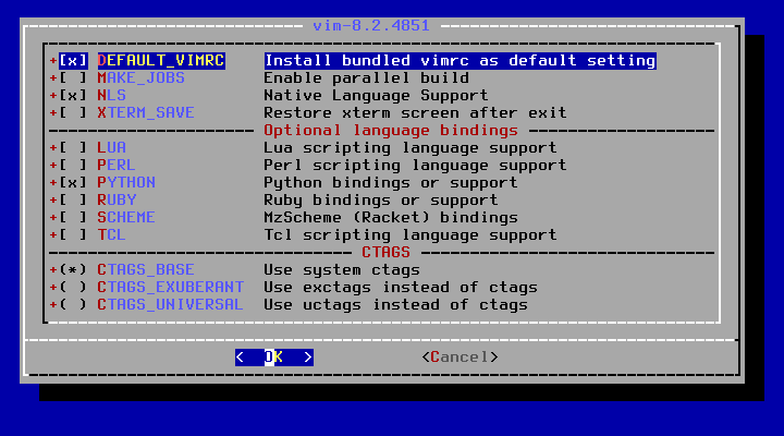 クリックでオリジナルのサイズで開きます 「FreeBSD 13.1 RELEASE」-「/usr/ports/editors/vim」「make config」