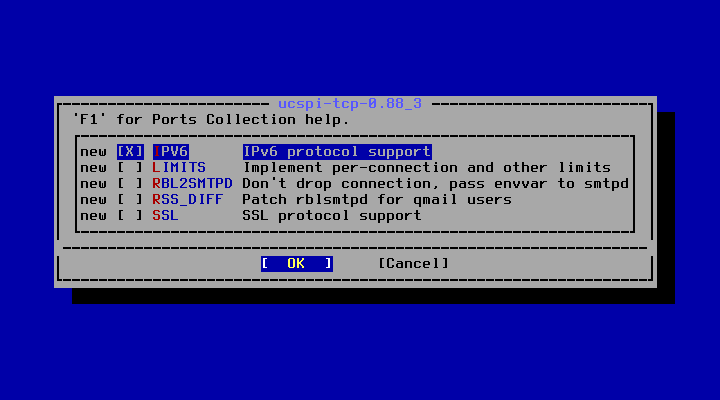 クリックでオリジナルのサイズで開きます 「FreeBSD 13.4 RELEASE」-「/usr/ports/sysutils/ucspi-tcp」「make config」